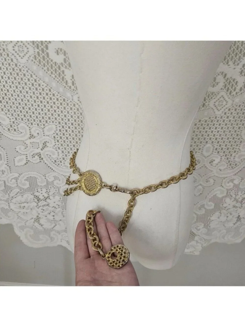 Vintage Gold Tone Chain Belt Ornate Medallion Draped Multi Strand Adjustable
